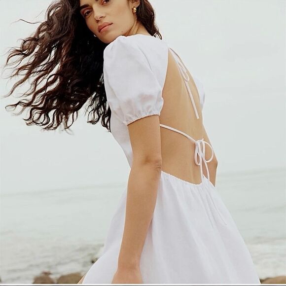 Reformation Linen Midi Dress Open Back Puff Sleeve White Size 12 - Picture 3 of 16